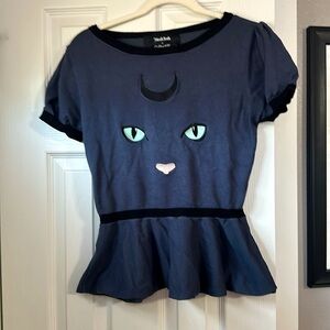 Modcloth Navy Top with Cat Face and Mint Green Eyes